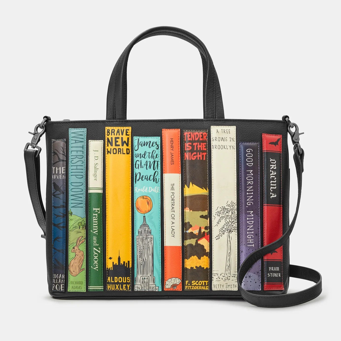 Bookworm Black Leather Multiway Grab Bag with colourful leather book appliques on front panel.