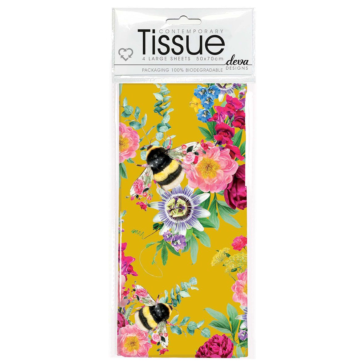 Botanical Bee Tissue Paper by Lola Design featuring yellow background with colourful floral and bee print, 4 large 50x70cm sheets in biodegradable packaging.