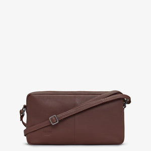 Back view of Bourbon Biscuit Leather Cross Body Bag in chocolate brown leather.