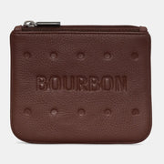 Bourbon Biscuit leather zip top purse in chocolate brown with embossed Bourbon design on the front.