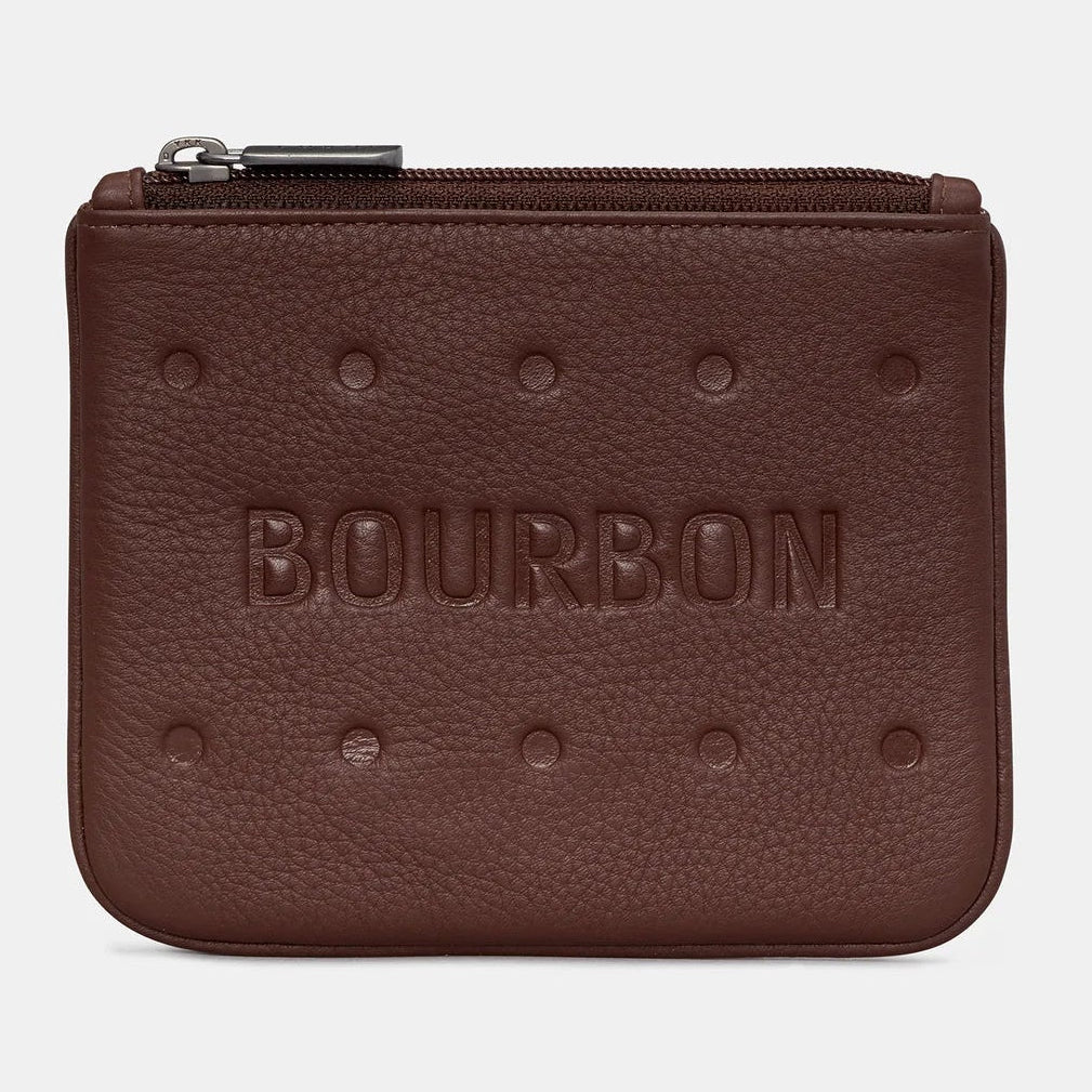 Bourbon Biscuit leather zip top purse in chocolate brown with embossed Bourbon design on the front.