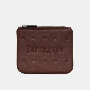 Bourbon Biscuit leather zip top purse in chocolate brown with embossed Bourbon design on the front.