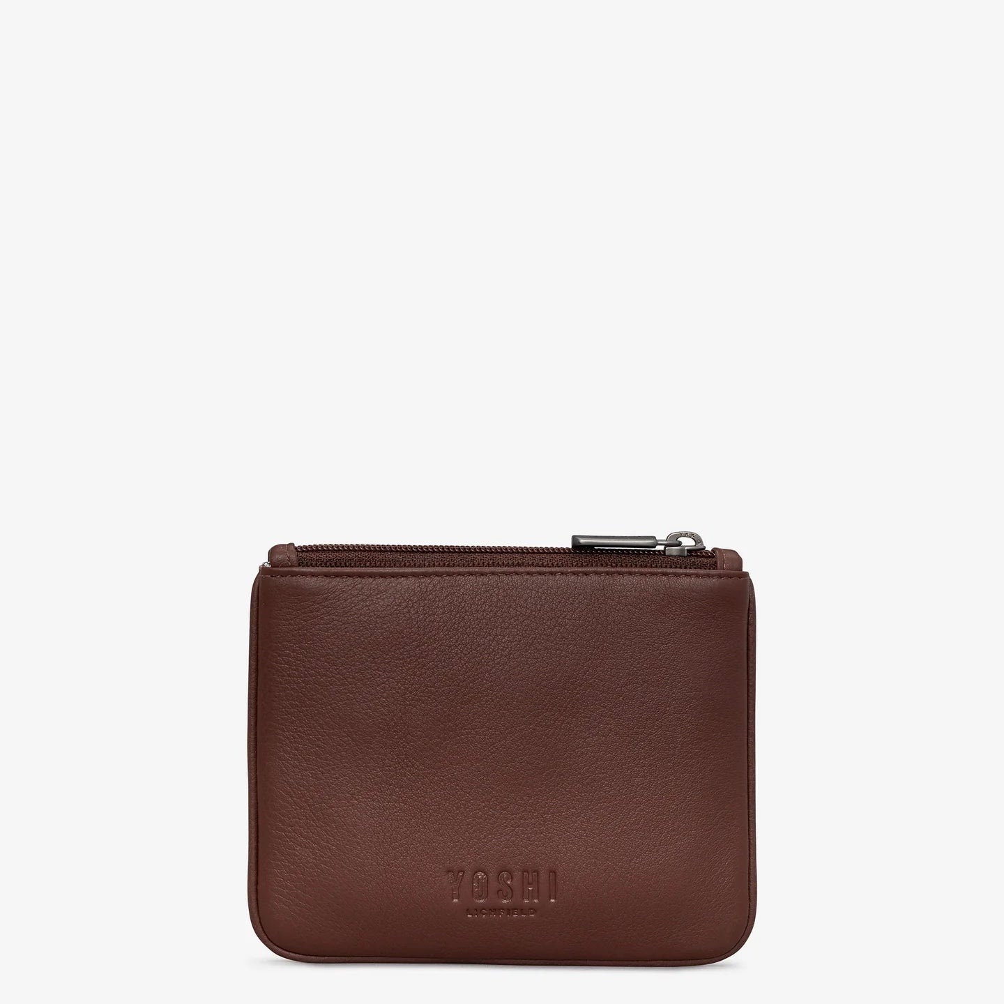 Back of brown leather Bourbon Biscuit purse with embossed Yoshi logo and smooth finish.