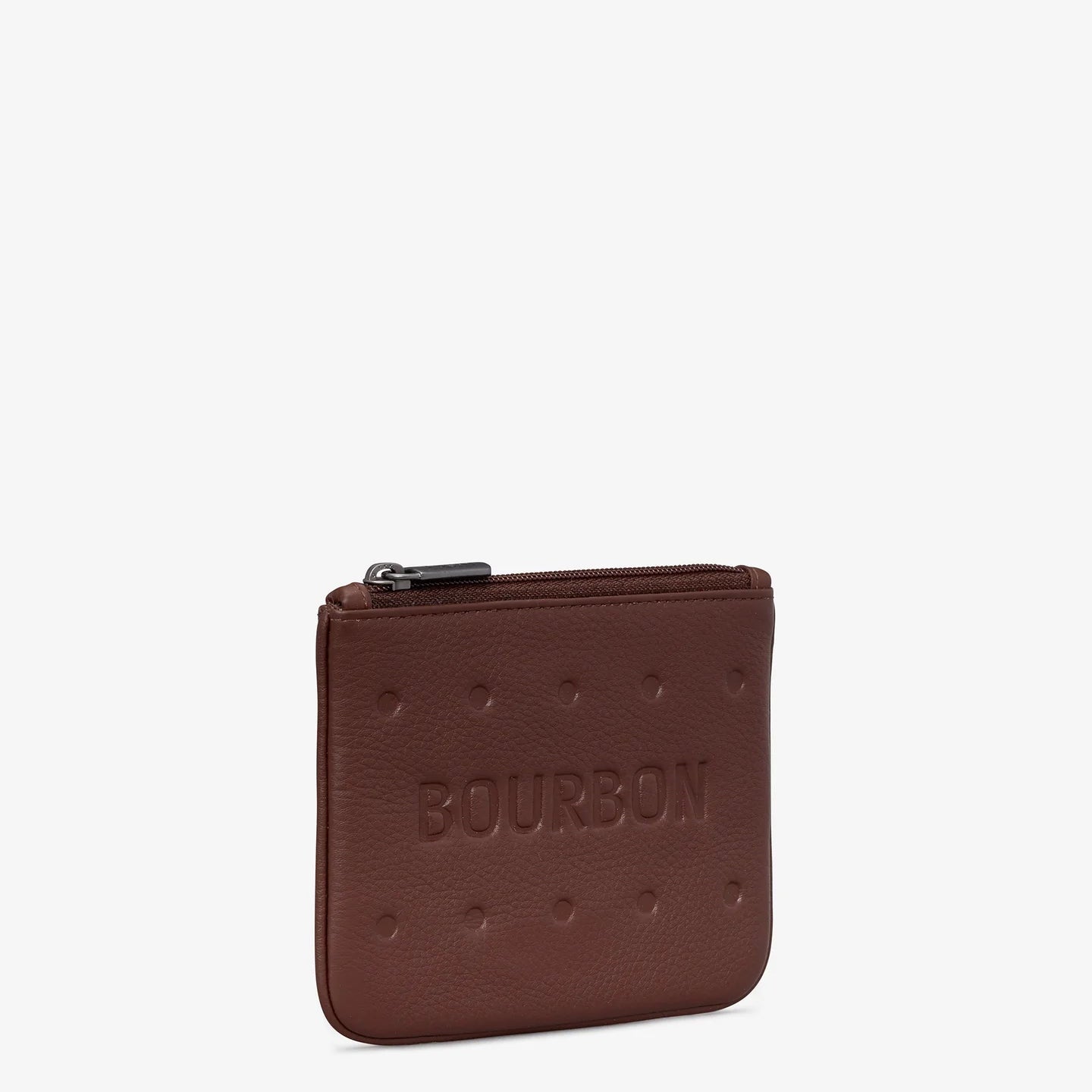 Side angle of Bourbon Biscuit leather purse showing zip top fastening and biscuit-inspired design.