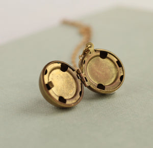 The brass sphere locket is open, revealing its two photo compartments with a secure hinge mechanism, against a muted background.