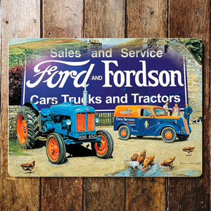 Vintage-style Ford Fordson Tractor Cars Metal Wall Sign featuring a classic blue Fordson tractor, an orange farm service van, and a retro Ford & Fordson advertisement in the background, set in a rural farm scene with chickens and people.