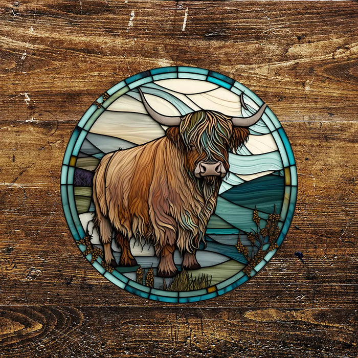 Highland Cow Stream Stained Glass Effect Metal Sign