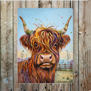 Illustrated Highland Cow Metal Sign Plaque featuring a colourful, artistic depiction of a Highland cow with long, flowing hair and detailed horns, set against a rustic countryside background. The 15” x 11” aluminium sign is mounted on a wooden surface, designed for indoor and outdoor use.