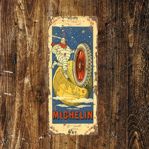 Vintage-style Michelin Door Metal Sign Plaque featuring the iconic Michelin Man rolling a red tyre over a globe, set against a distressed background for a retro look.