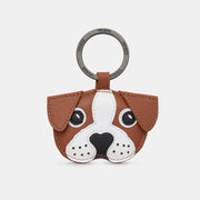 Buddy the Dog tan leather keyring with puppy face applique front view.