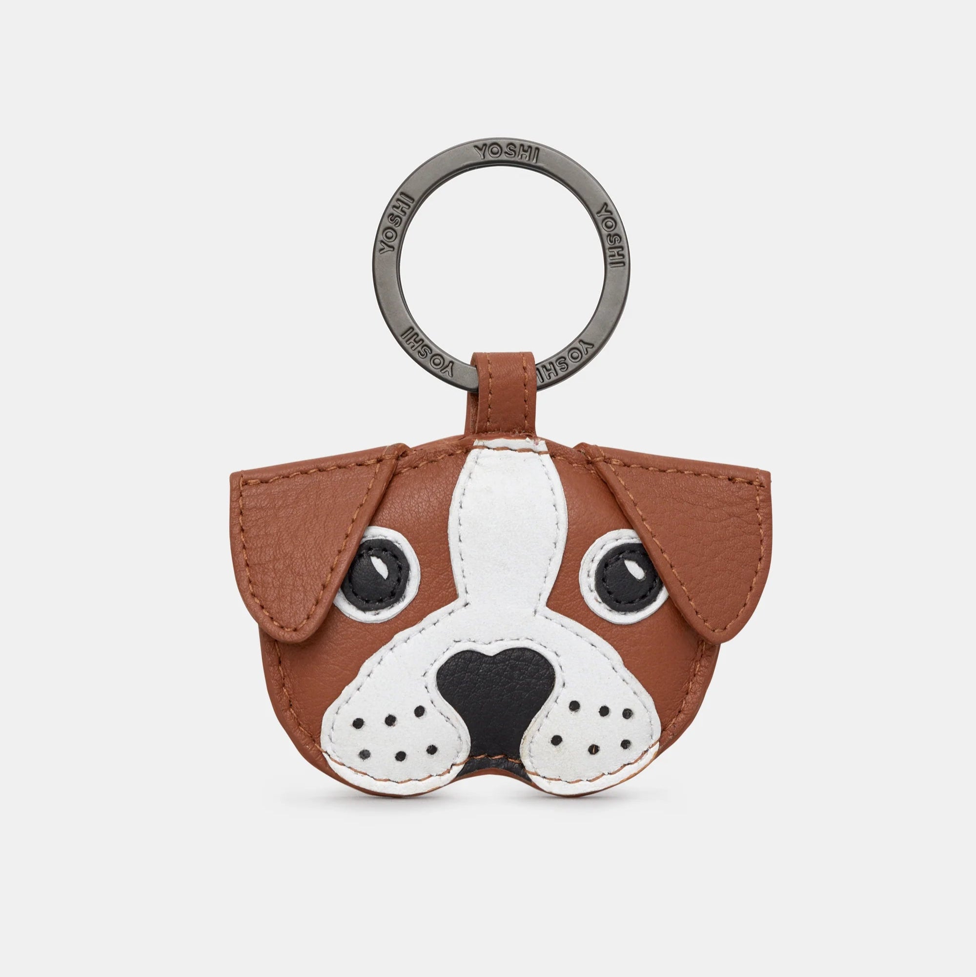 Buddy the Dog tan leather keyring with puppy face applique front view.