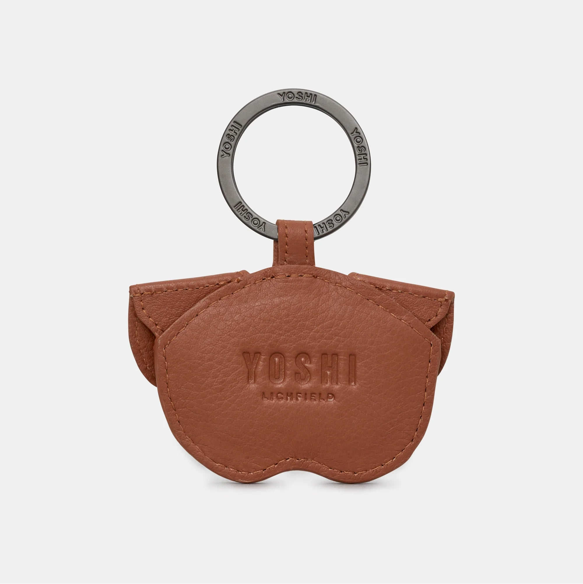 Back view of Buddy the Dog tan leather keyring in soft tan leather with Yoshi branding.