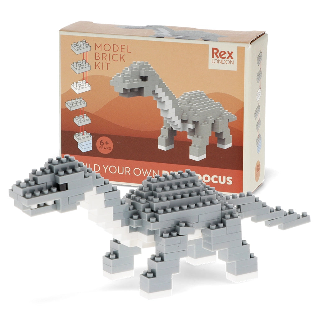 Build Your Own Diplodocus Dinosaur Model Brick Kit packaging – Rex London.