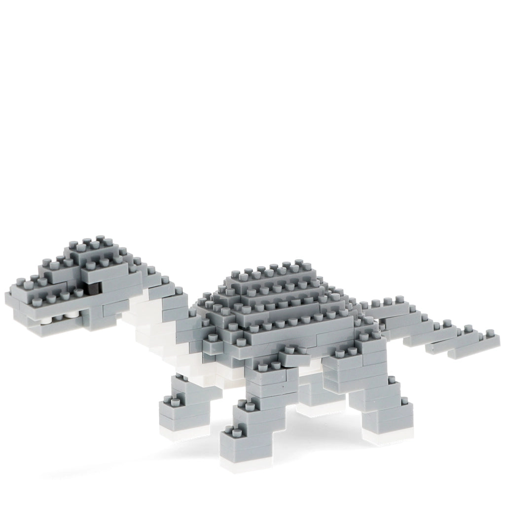 Grey Diplodocus dinosaur toy model built from 138 brick pieces.