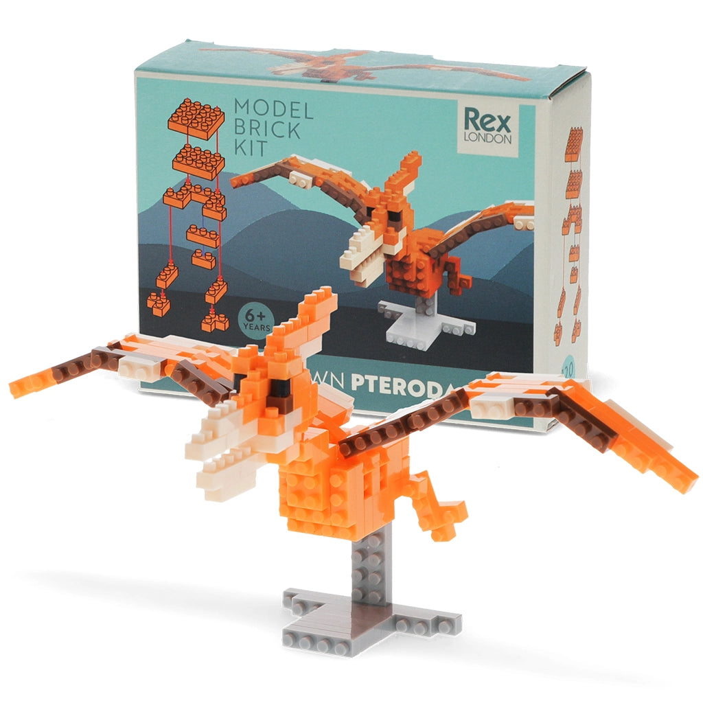 Pterodactyl dinosaur brick model built from 120 micro bricks with wings outstretched.