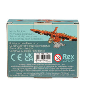 Back of Pterodactyl Dinosaur Brick Kit box showing multilingual details and safety info.