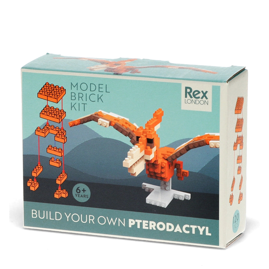 Box packaging for Build Your Own Pterodactyl Dinosaur Brick Kit with 120 pieces.