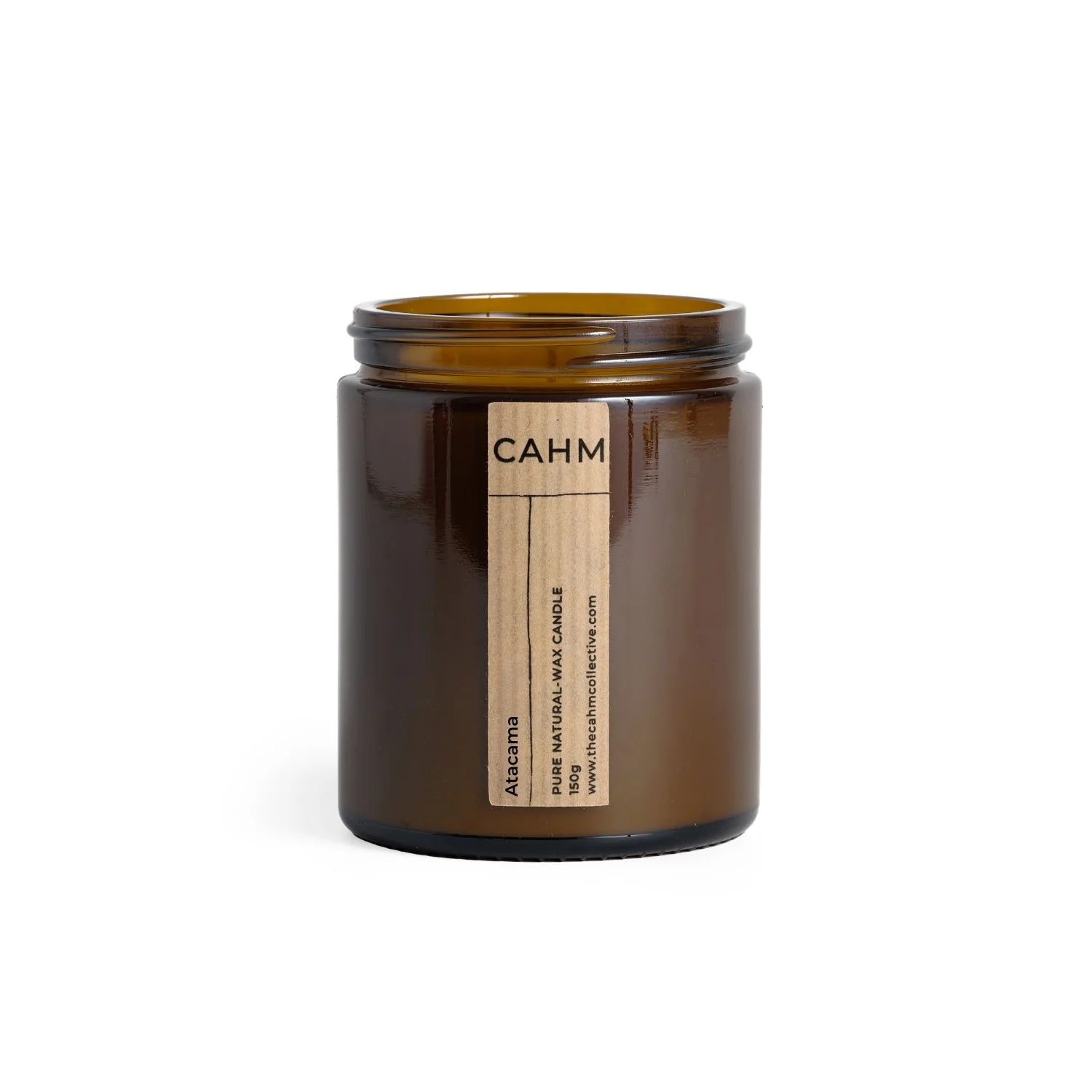 Open Atacama Amber Jar Candle showing amber glass jar and minimalist label – eco-friendly soy candle by CAHM.