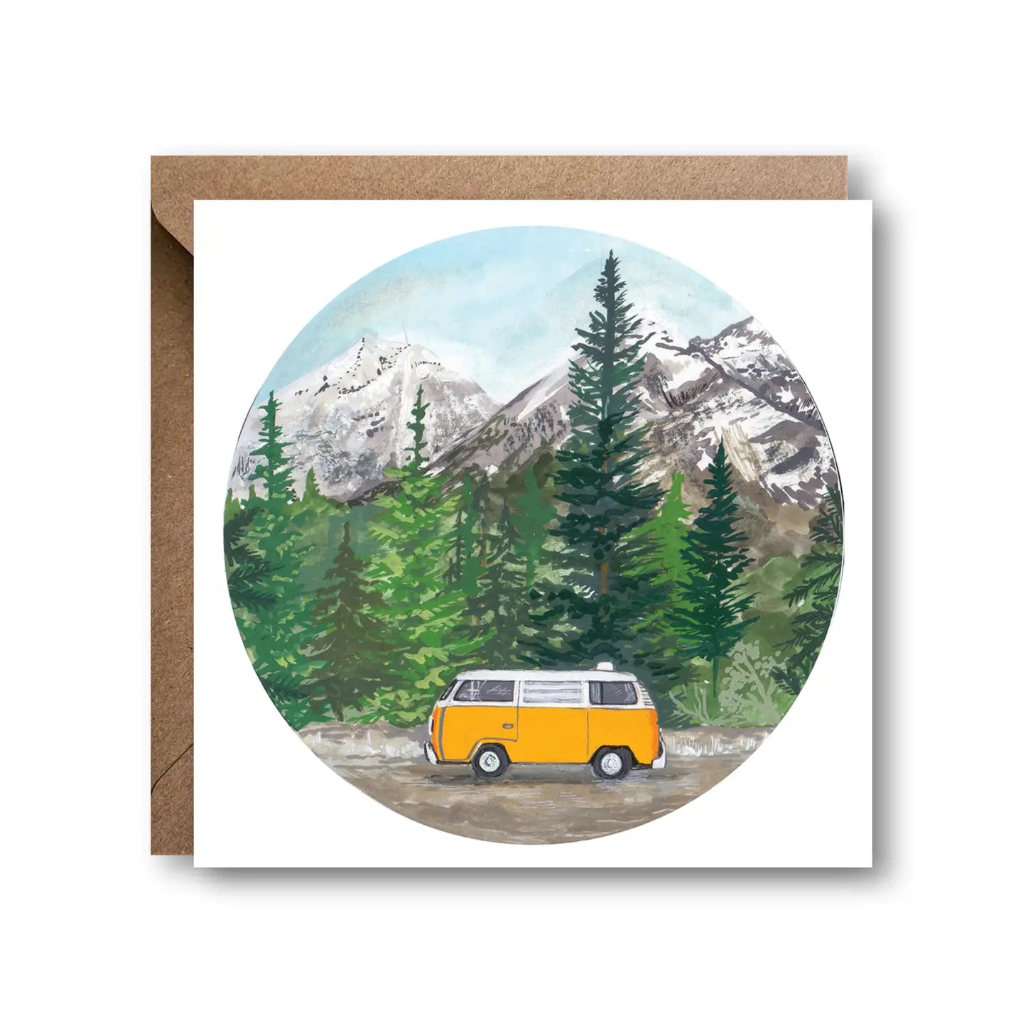 Illustrated Campervan Greetings Card featuring a yellow vintage camper van driving through pine forests with snow-capped mountains in the background, printed on 15x15cm luxury card with Kraft envelope.