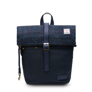 Straight: Navy Over Check Tartan Harris Tweed, navy canvas and navy straps: Modern Canvas Backpack with Harris Tweed® (front view).