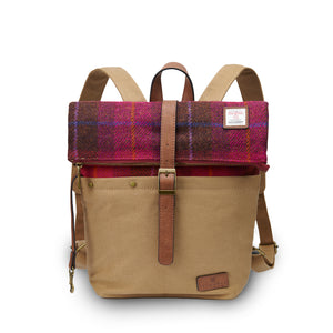 Straight: Red Tartan Harris Tweed, light brown canvas and light brown straps: Modern Canvas Backpack with Harris Tweed® (front view).