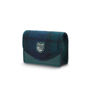 Black Watch Tartan: Black watch tartan card case with Harris Tweed® and a green vegan leather trim.