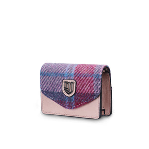 Pink and Blue Tartan: Pink and blue tartan card case with Harris Tweed® and a pink vegan leather trim.