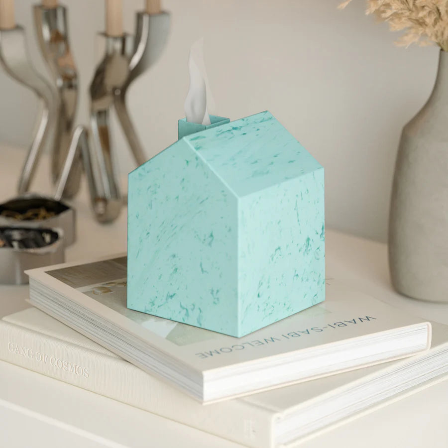 Casa Ocean tissue cover blue on vanity with mirror reflection behind