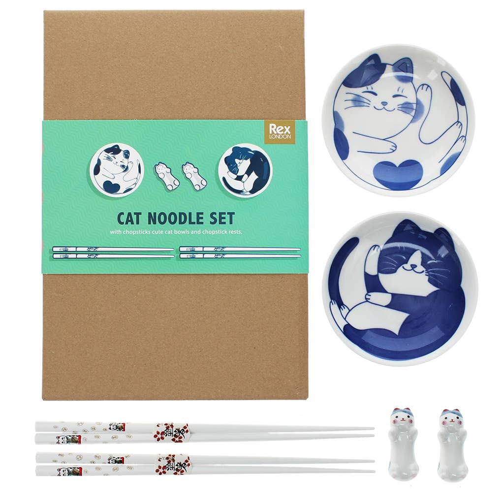Cat chopsticks and dipping bowls set displayed on brown packaging with sleeve