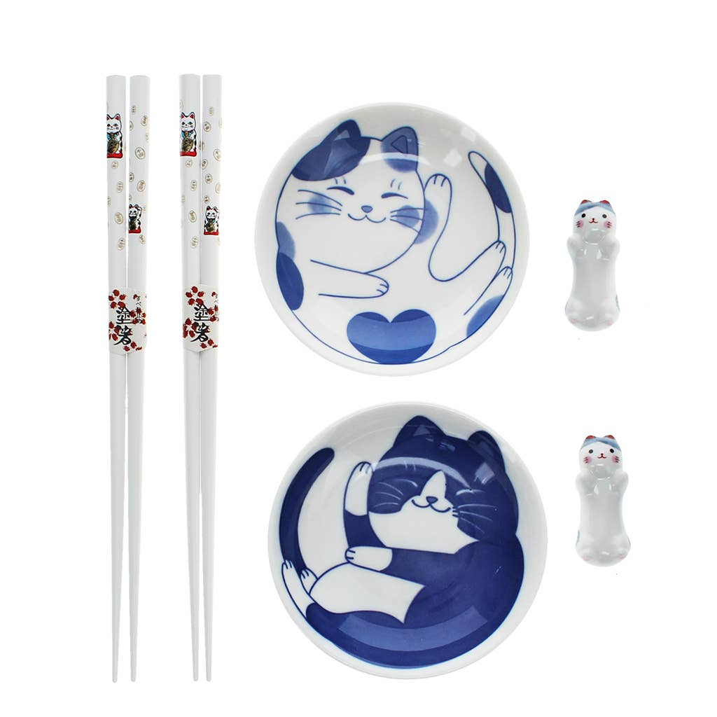 Cat noodle set complete flat lay showing bowls, chopsticks, and rests on white background