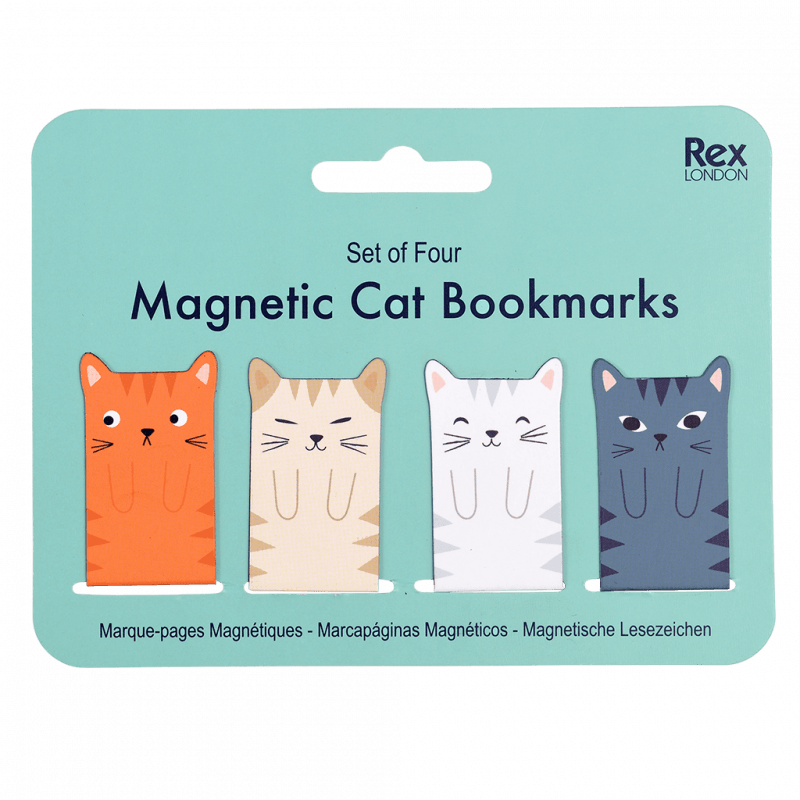 Four cat magnetic bookmarks on turquoise retail packaging card front