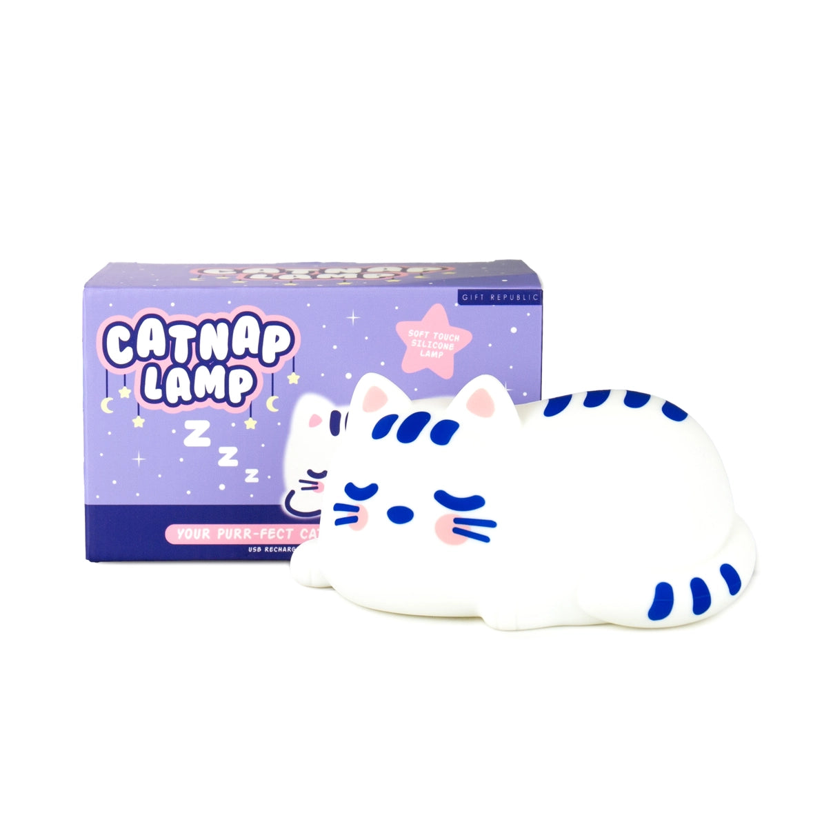 Catnap Lamp shown with packaging—soft white silicone cat lamp with blue details.