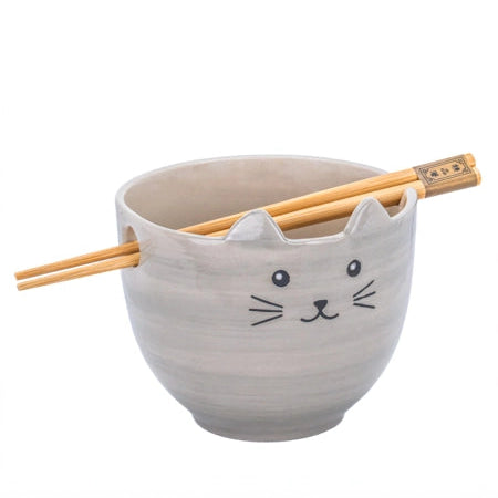 Cat noodle bowl with stoneware whisker face and 3D ears, complete with matching wooden chopsticks.