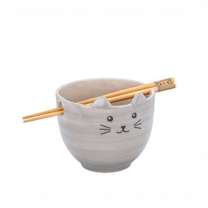 Cat noodle bowl with stoneware whisker face and 3D ears, complete with matching wooden chopsticks.