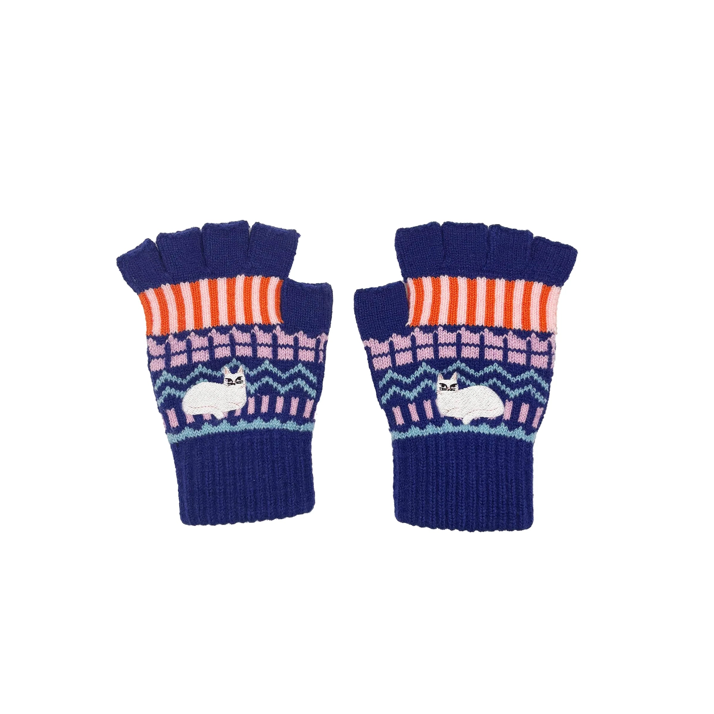 Catnip Fair Isle winter fingerless gloves with bold colourful knit design and embroidered cat motif, displayed flat on white background.