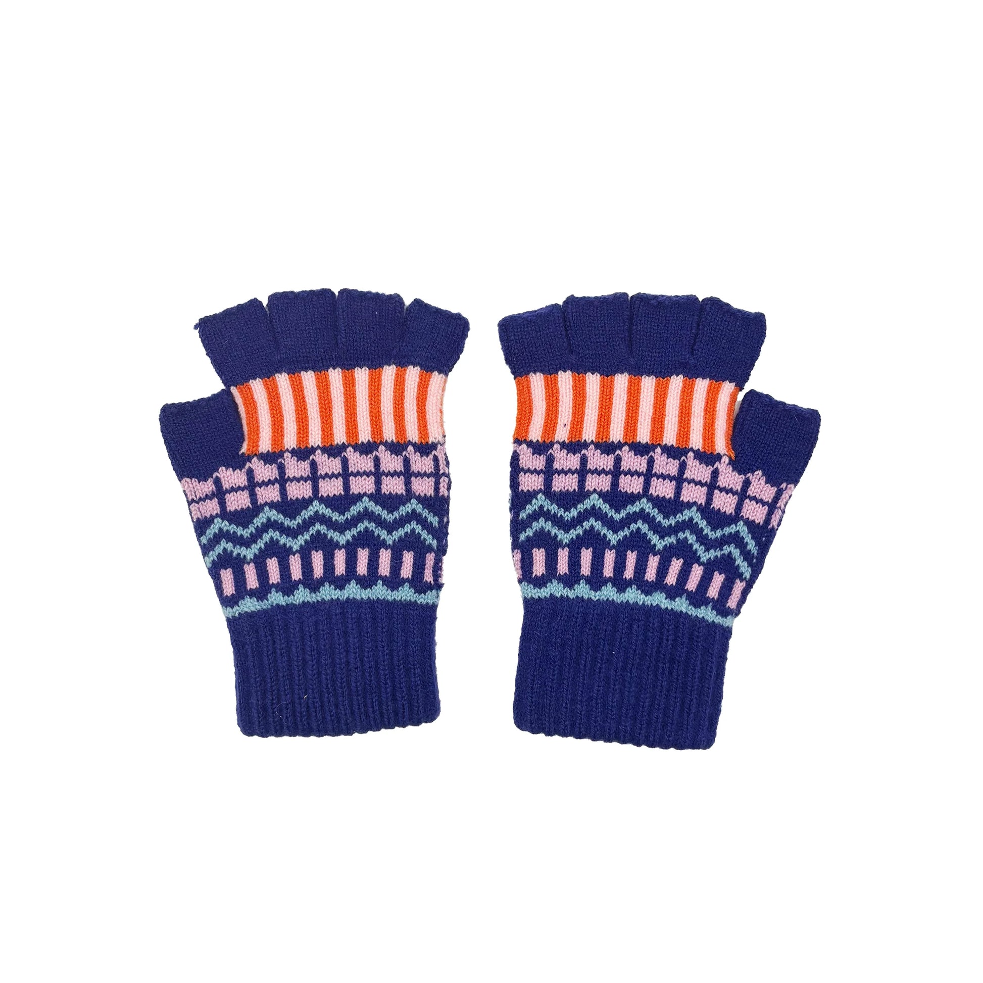 Catnip Fair Isle winter fingerless gloves with bold colourful knit design and embroidered cat motif, displayed flat on white background.