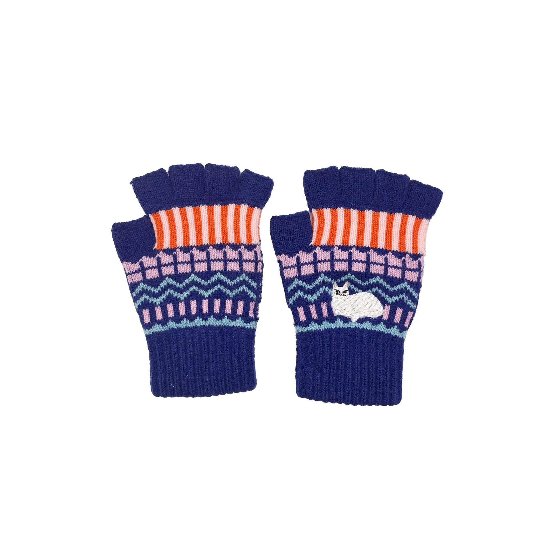Pair of Catnip Fair Isle fingerless gloves laid flat on white background, featuring orange stripes, pink and green Fair Isle pattern, and white cat embroidery.
