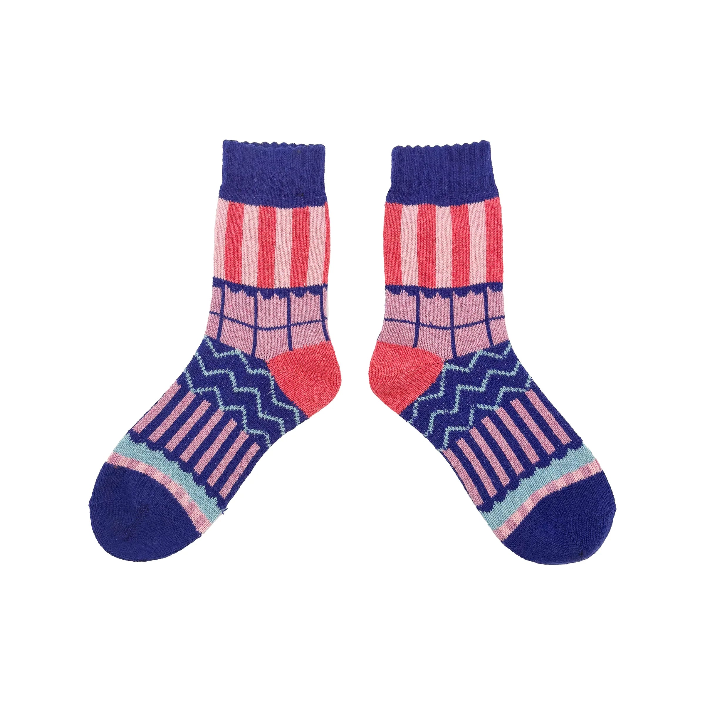 Front view of Catnip Fair Isle Socks on white background highlighting bold colours and cosy texture.