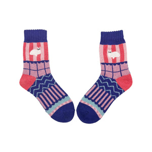 Pair of Catnip Fair Isle Socks laid flat showing playful Fair Isle pattern and cat embroidery.