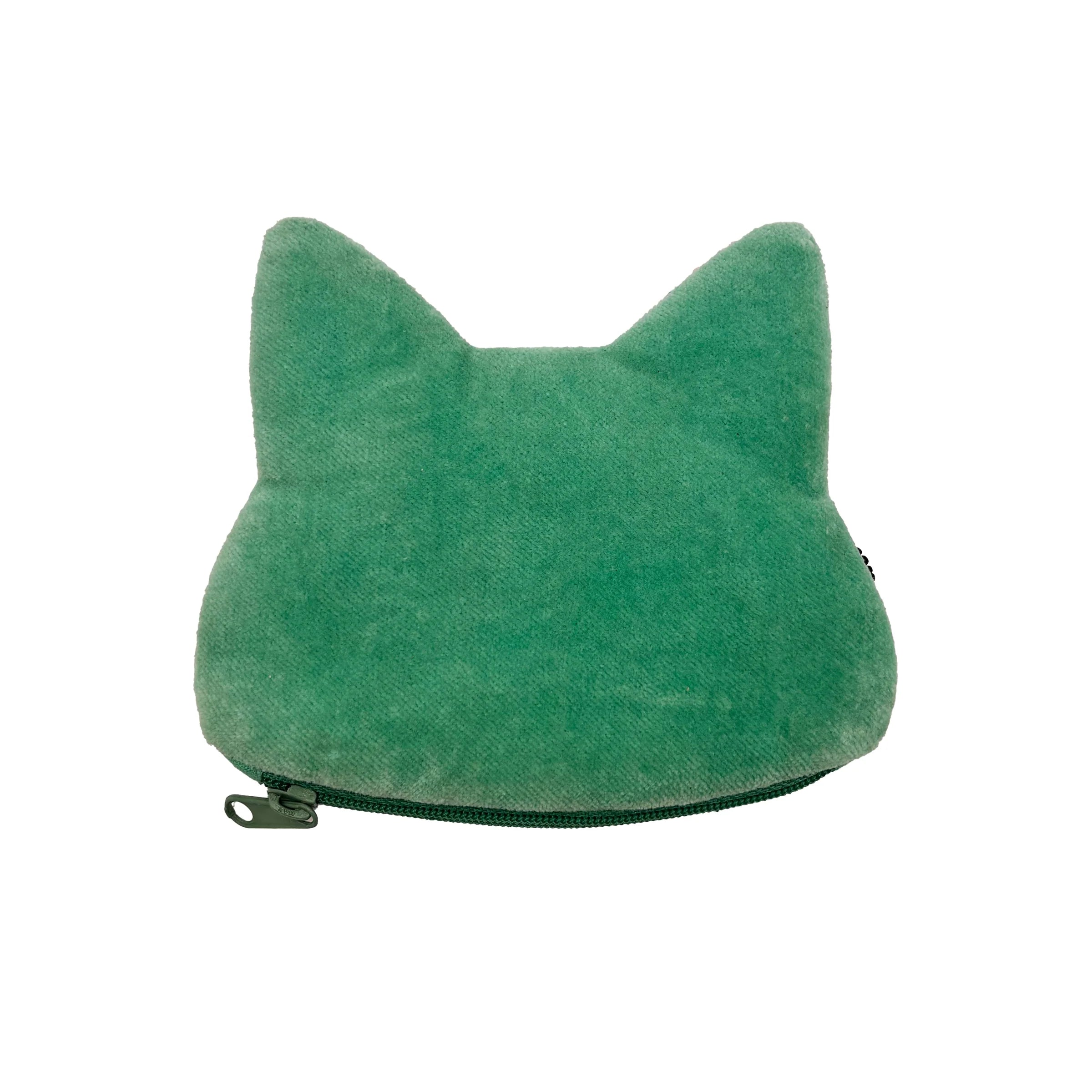 Back view of Catnip Cat Coin Purse in soft green velvet fabric with zip fastening.