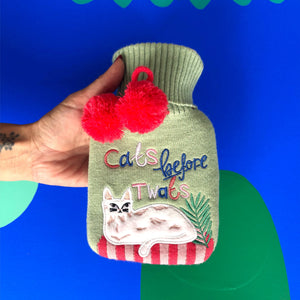 Close-up of Cats Before Twats hot water bottle against a blue and green background.