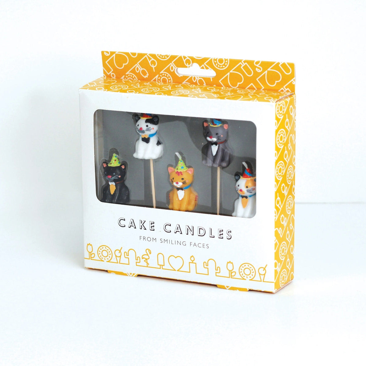 Cats in Party Hats Cake Candles in stylish packaging, featuring five colourful cat-themed candles, perfect for birthdays and celebrations.