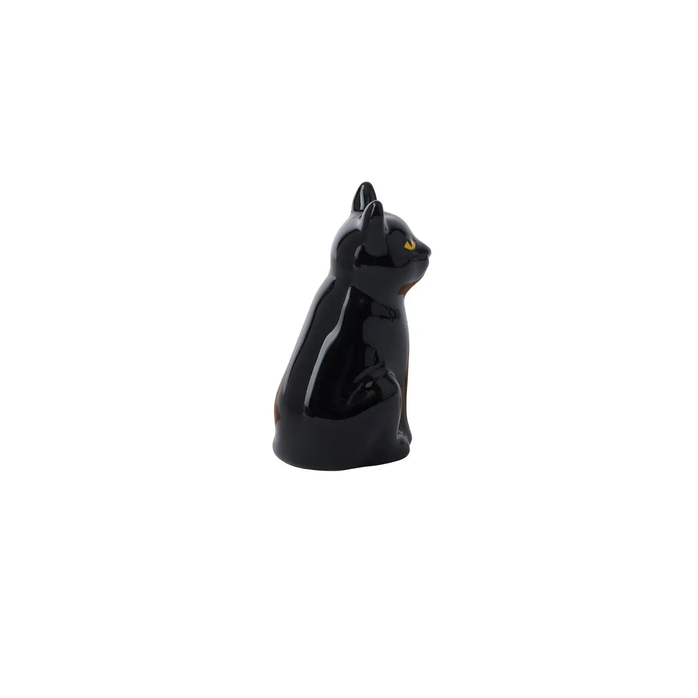 Elegant black ceramic cat facing left, highlighting curved posture and shiny glaze.