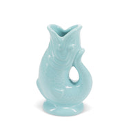 Aqua blue ceramic fish vase with glossy glaze and open mouth design, 17cm tall.