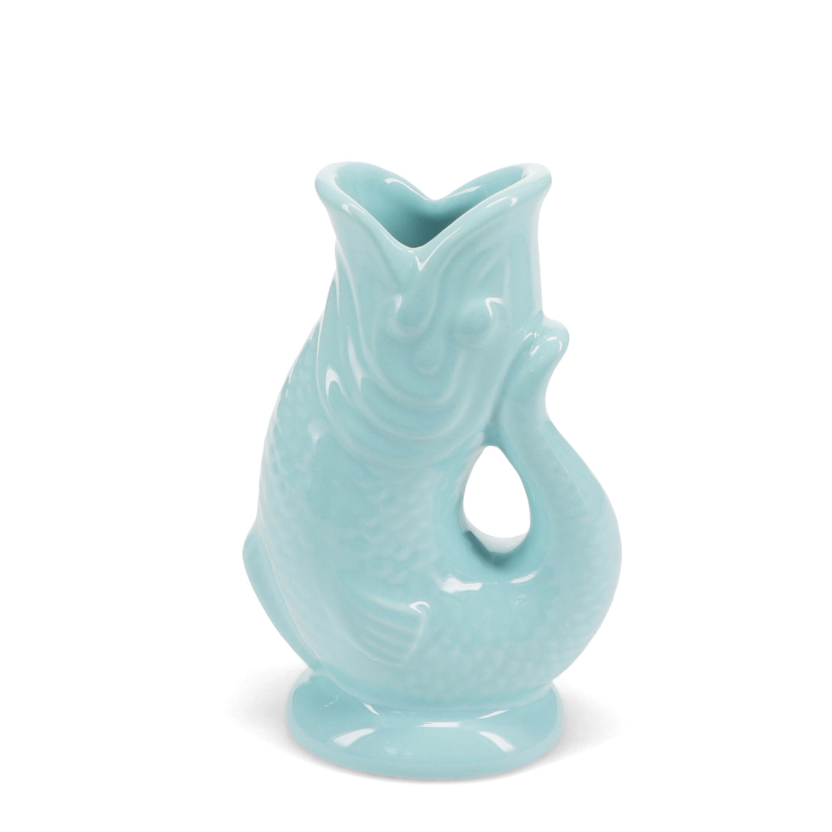 Aqua blue ceramic fish vase with glossy glaze and open mouth design, 17cm tall.