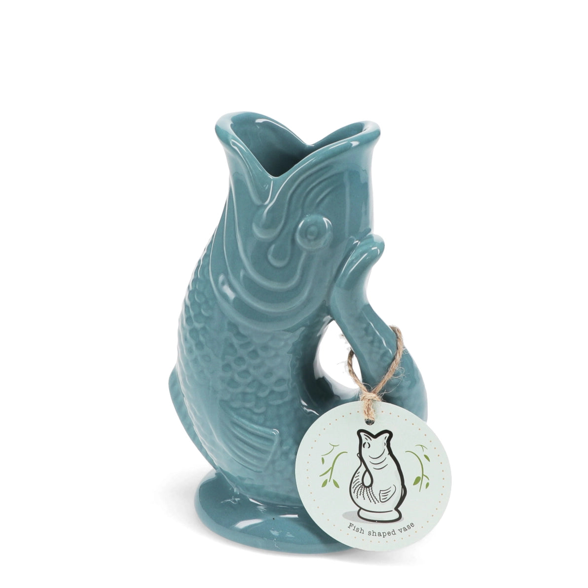 Side view of quirky blue ceramic fish-shaped vase with textured details.