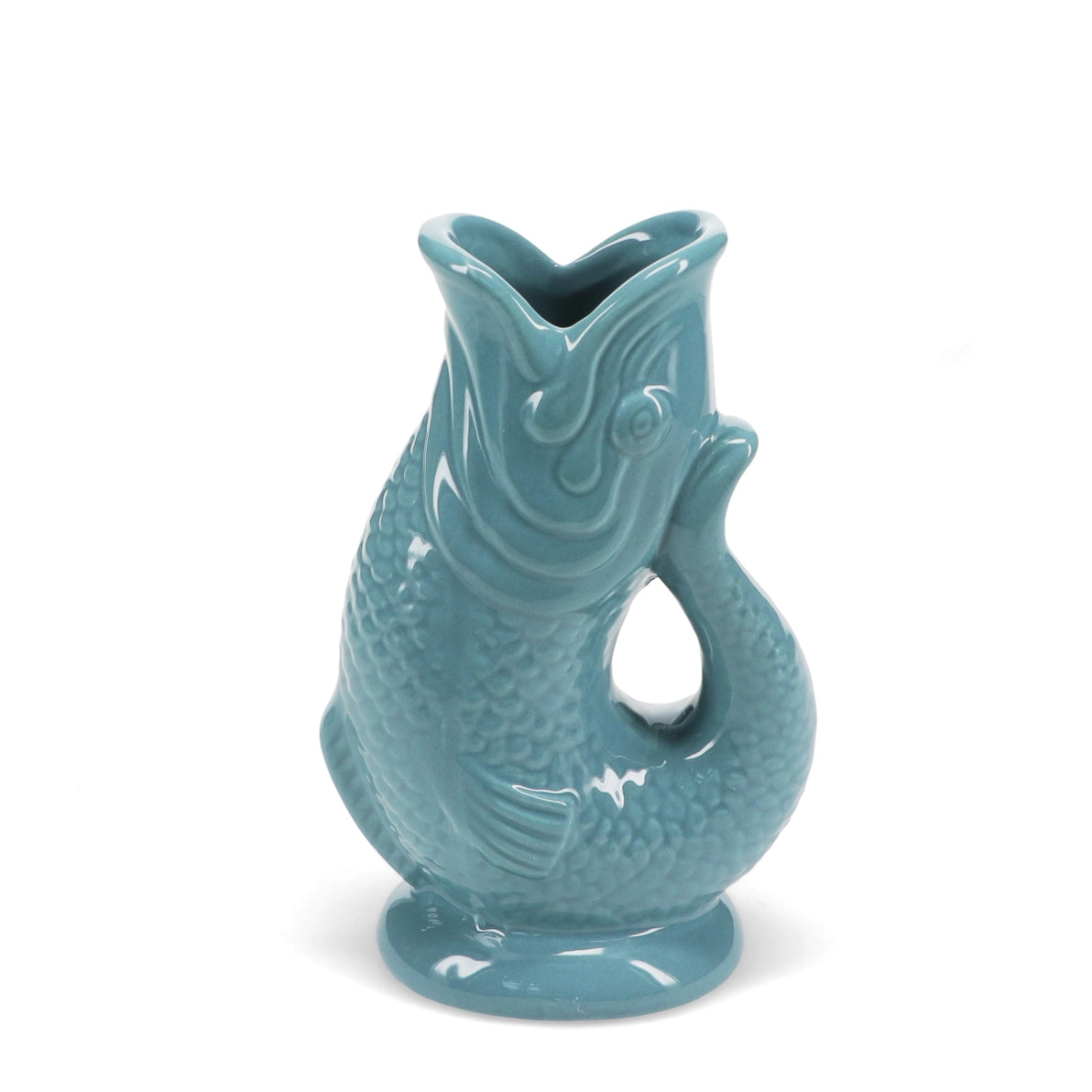 Blue ceramic fish vase with glossy glaze and open mouth design, 17cm tall.