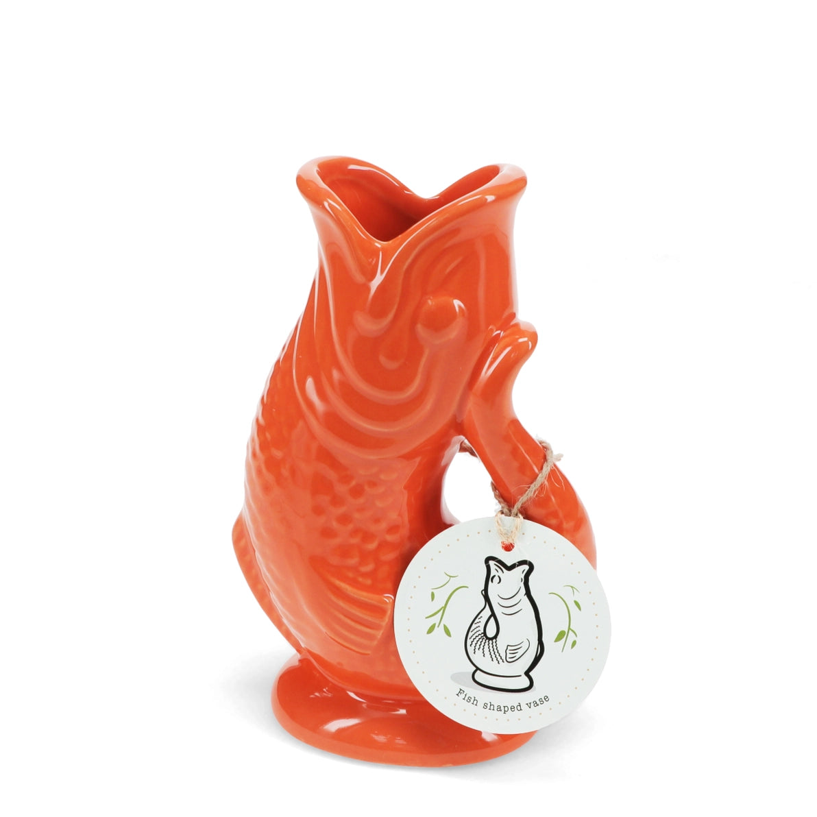 Side view of quirky orange ceramic fish-shaped vase with textured details.
