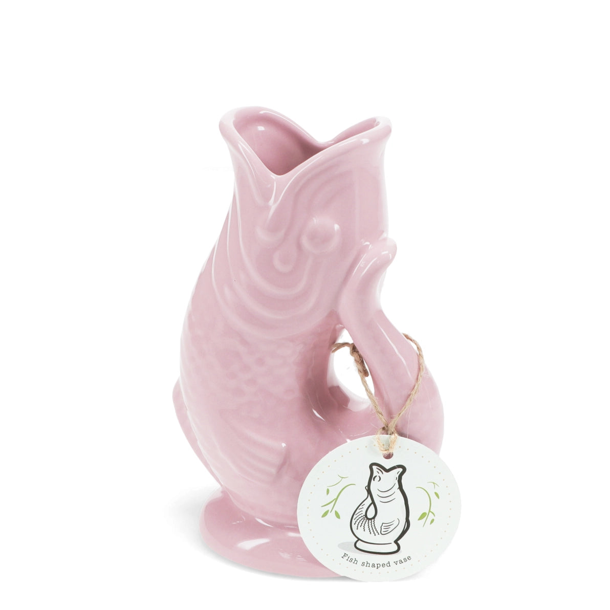 Side view of quirky pink ceramic fish-shaped vase with textured details.