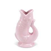 Pink ceramic fish vase with glossy glaze and open mouth design, 17cm tall.